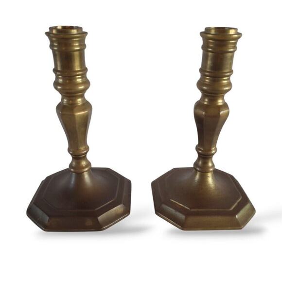 Antiqued Brass Taper Candleholders 7 Inches Heavy Square Base Made in India - Picture 1 of 8